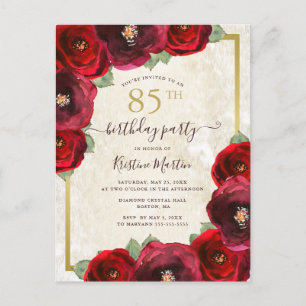Elegant Red Watercolor Floral Gold 85th Birthday Invitation Postcard