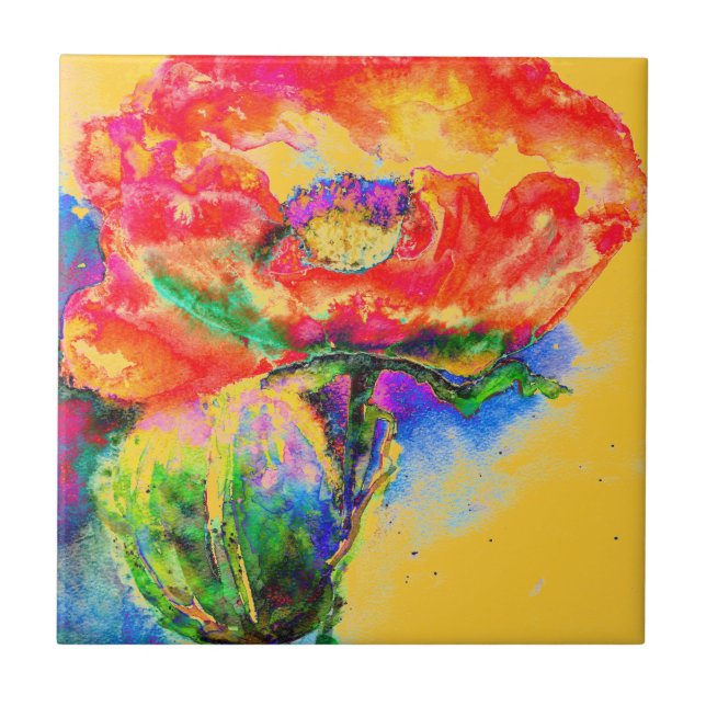 Elegant red watercolor floral Red Poppy  Tile (Front)
