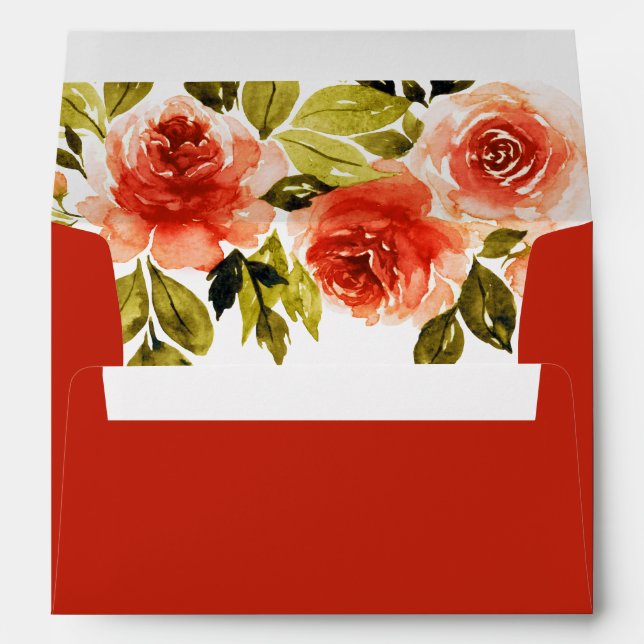Elegant Red Watercolor Floral Wedding Envelope (Back (Bottom))