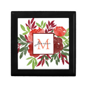 Elegant Red Watercolor Flowers Pretty Monogram Gift Box