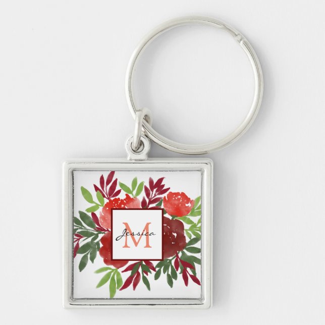 Elegant Red Watercolor Flowers Pretty Monogram Keychain (Front)