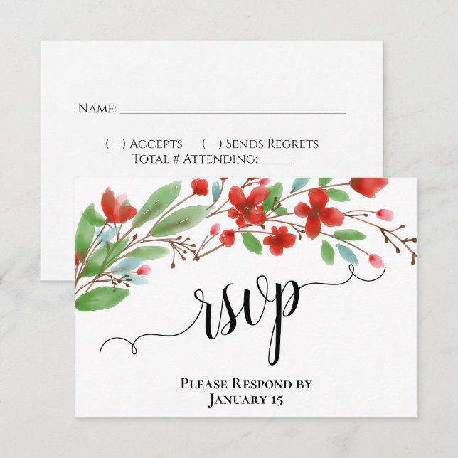Elegant Red Watercolor Flowers Wedding RSVP Card (Front/Back)