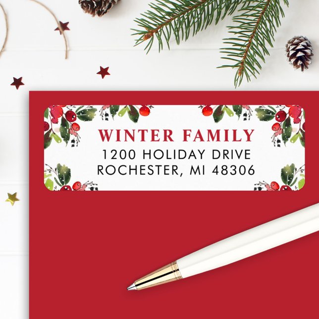 Elegant Red Watercolor Greenery Berry Address Label (Creator Uploaded)