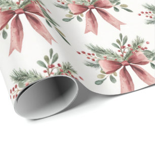 Elegant Red Watercolor Holly Bow Pattern Christmas Wrapping Paper