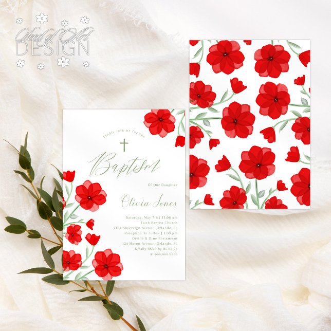 Elegant Red Watercolor Poppy Floral Baptism Invitation (Creator Uploaded)
