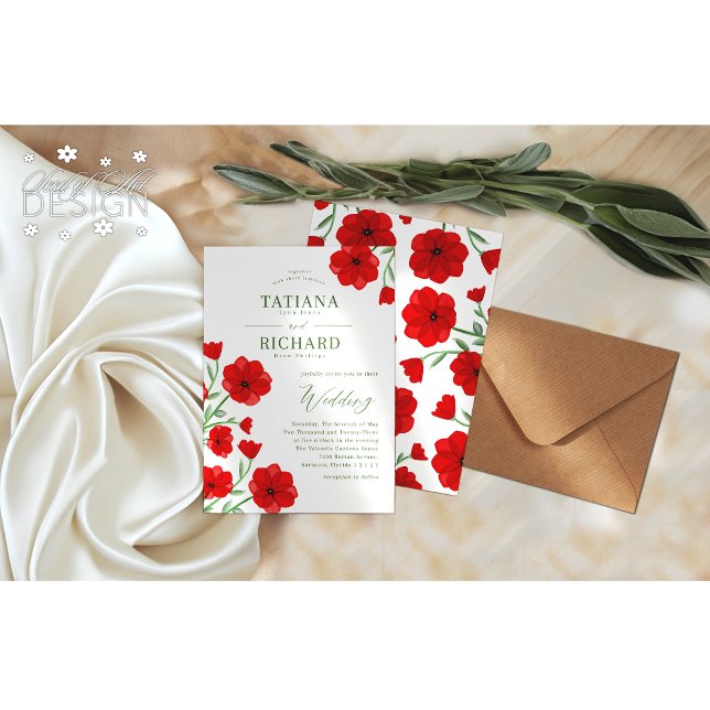 Elegant Red Watercolor Poppy Floral Garden Wedding Invitation (Creator Uploaded)