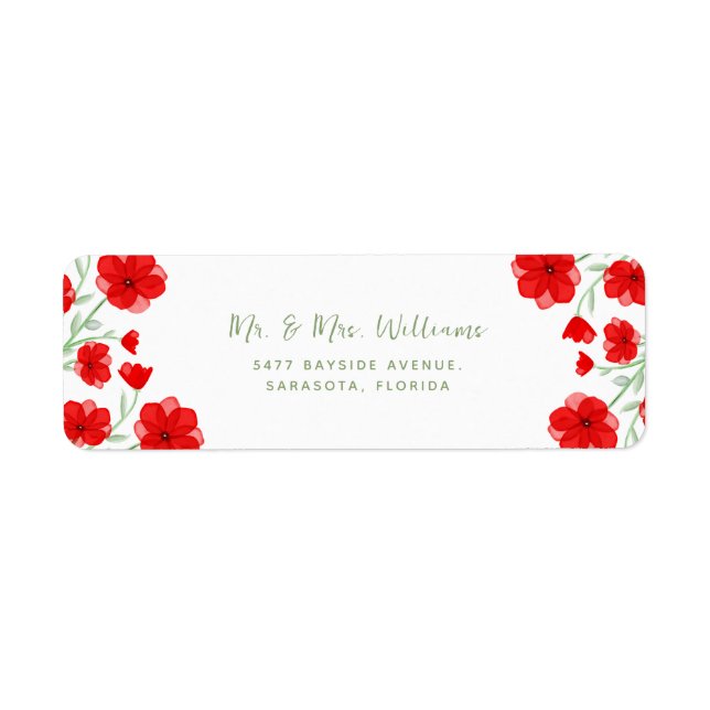 Elegant Red Watercolor Poppy Floral Greenery Label (Front)