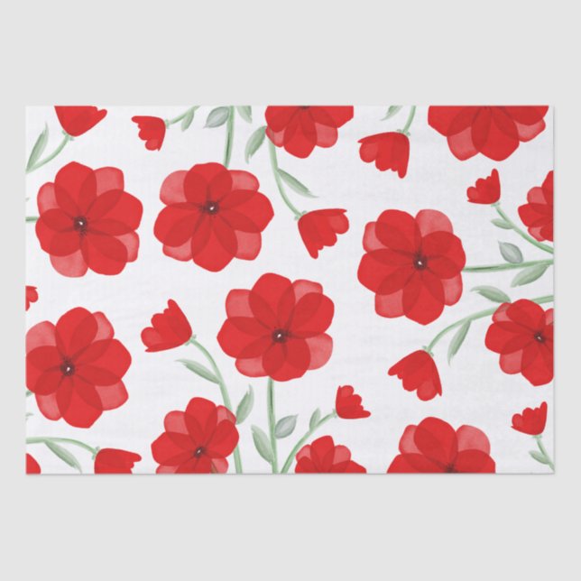 Elegant Red Watercolor Poppy Floral Pattern Tissue Paper (Front)