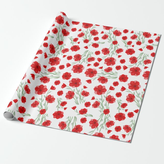 Elegant Red Watercolor Poppy Floral Pattern Wrapping Paper (Unrolled)