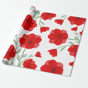 Elegant Red Watercolor Poppy Floral Pattern Wrapping Paper