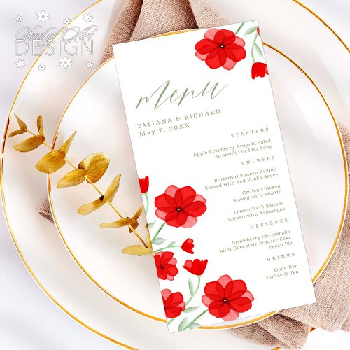 Elegant Red Watercolor Poppy Floral Wedding Menu