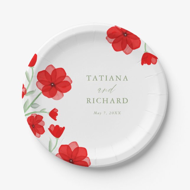 Elegant Red Watercolor Poppy Floral Wedding Paper Plates (Front)