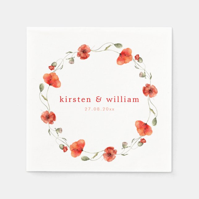 Elegant Red Watercolor Poppy Flower Wreath Napkins (Front)