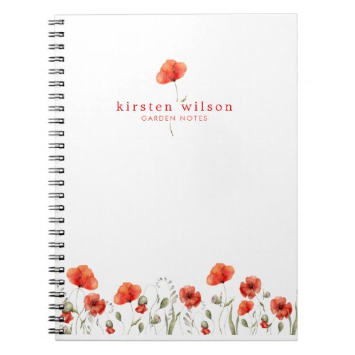 Elegant Red Watercolor Poppy Flowers Personalized  Notebook