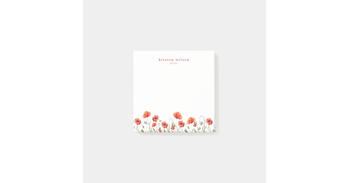 Elegant Red Watercolor Poppy Flowers Personalized Post-it Notes | Zazzle
