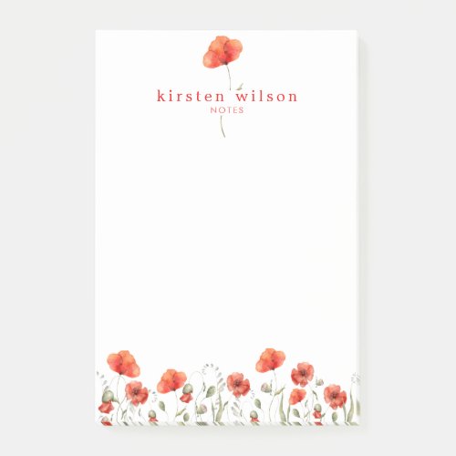 Elegant Red Watercolor Poppy Flowers Personalized  Post_it Notes