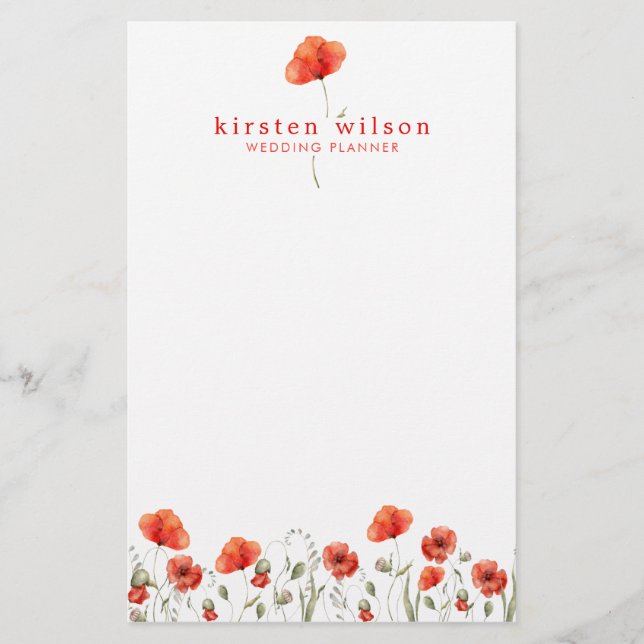 Elegant Red Watercolor Poppy Flowers Personalized Stationery (Front)