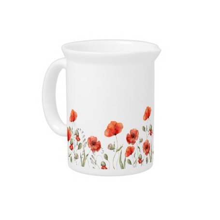 Elegant Red Watercolor Poppy Flowers Pitcher
