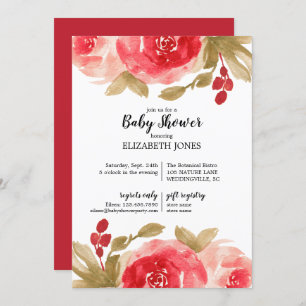 Elegant Red Watercolor Rose Baby Shower Invitation