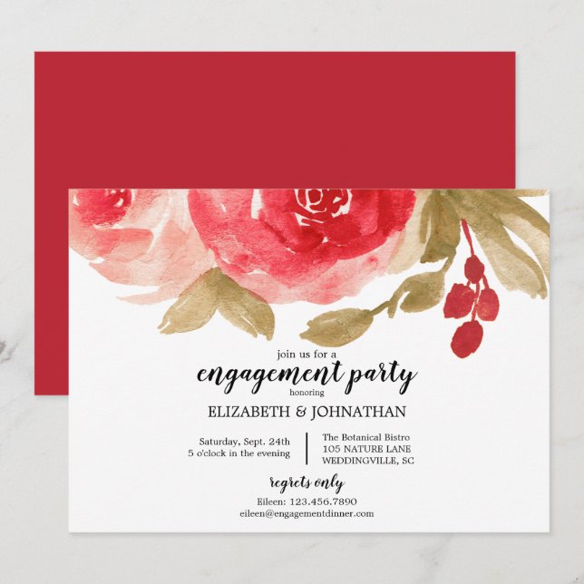 Elegant Red Watercolor Rose Engagement Party Invitation (Front/Back)