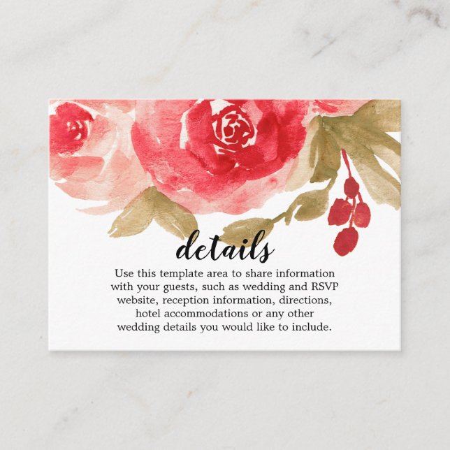 Elegant Red Watercolor Rose Wedding Details Enclosure Card (Front)
