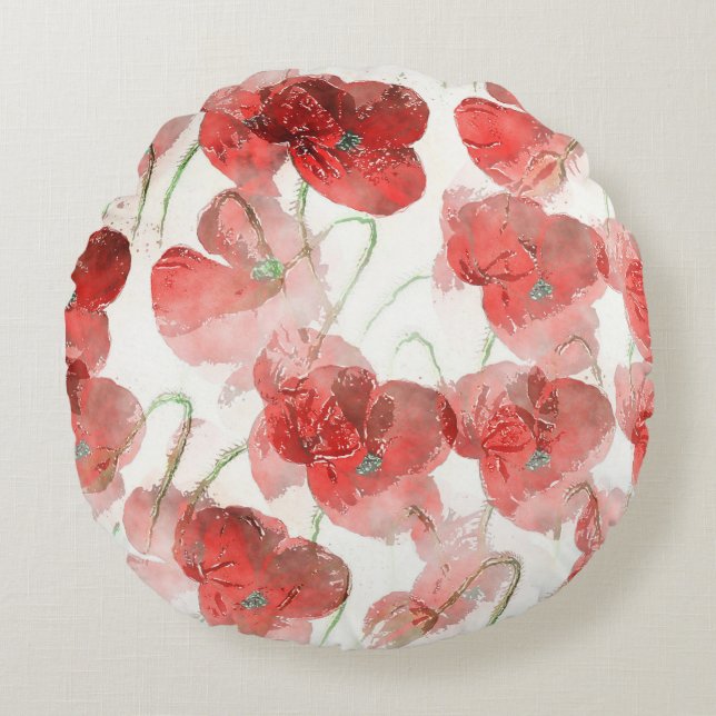Elegant Red Watercolour Poppies Illustration Round Pillow (Front)