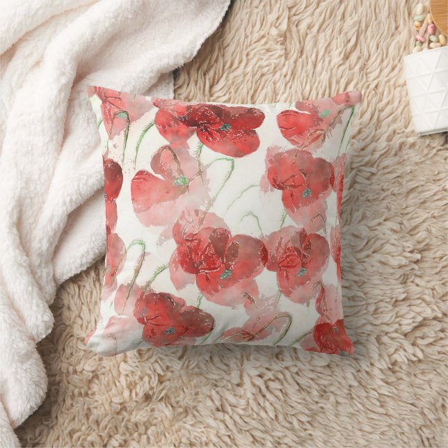 Elegant Red Watercolour Poppies Illustration Throw Pillow (Blanket)