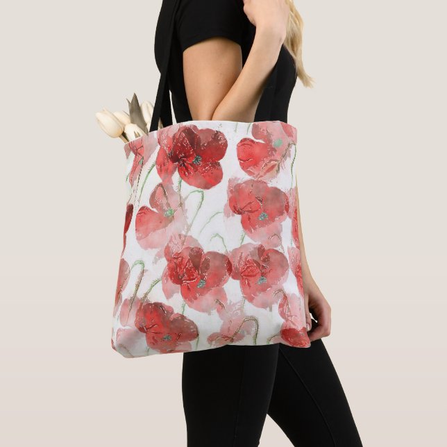 Elegant Red Watercolour Poppies Illustration Tote Bag (Close Up)