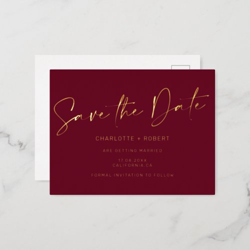 Elegant red wedding save the date script gold foil invitation postcard