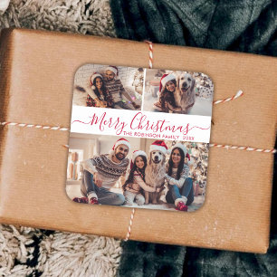 Elegant Red White 3 Photo Collage Christmas Square Sticker