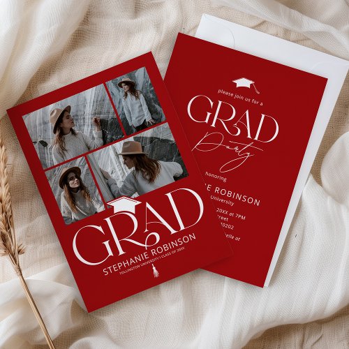 Elegant Red & White 4 Photo Graduation Party