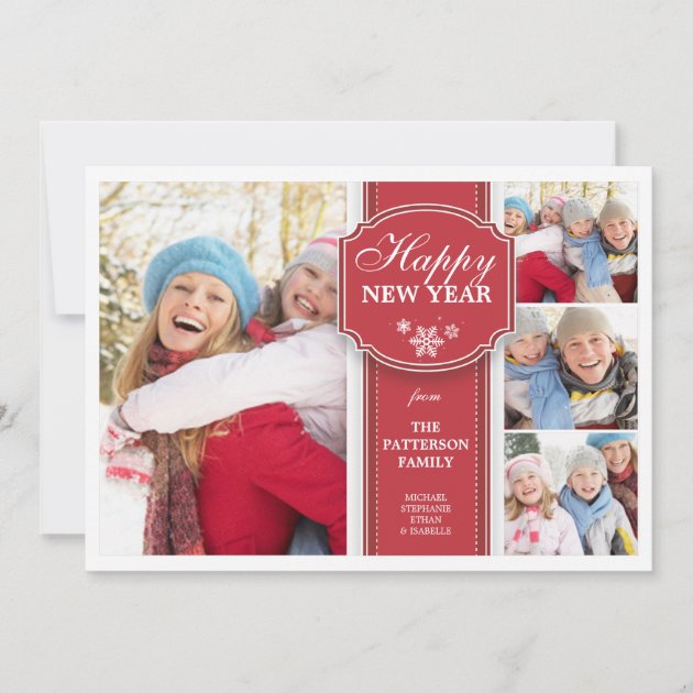 Elegant  Red & White 4 Photo New Year Photocard Holiday Card
