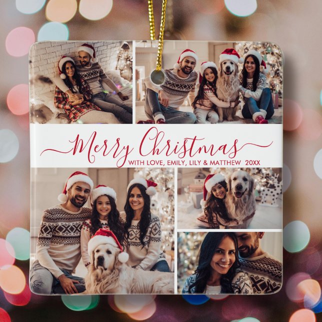 Elegant Red White 5 Photo Collage Christmas  Ceramic Ornament (Creator Uploaded)