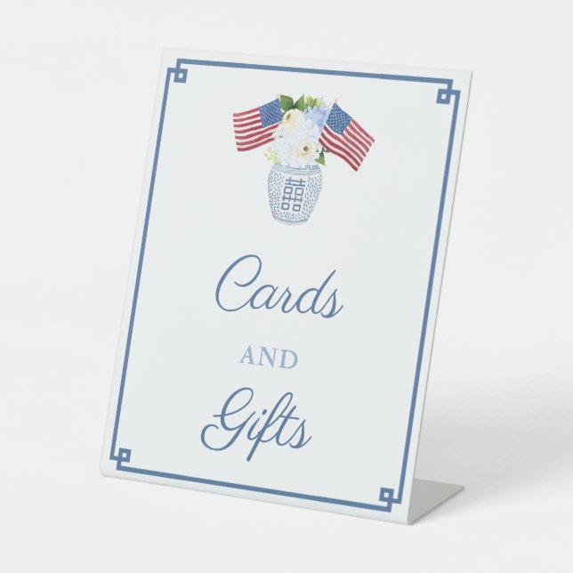 Elegant Red White And Blue Cards And Gifts Pedestal Sign (Front)