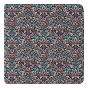 Elegant red, white and blue damask patterned trivet
