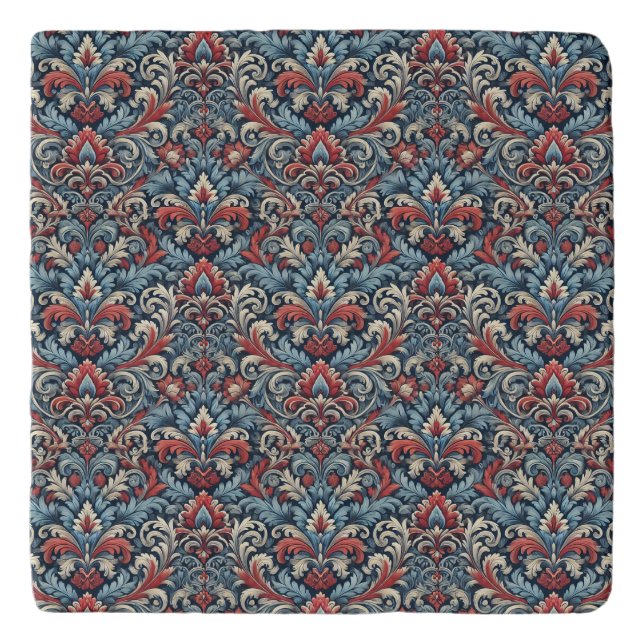 Elegant red, white and blue damask patterned trivet (Front)