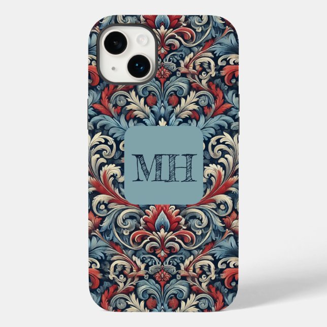 Elegant red, white and blue damask with monogram Case-Mate iPhone case (Back)