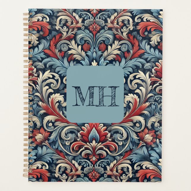 Elegant red, white and blue damask with monogram planner (Front)