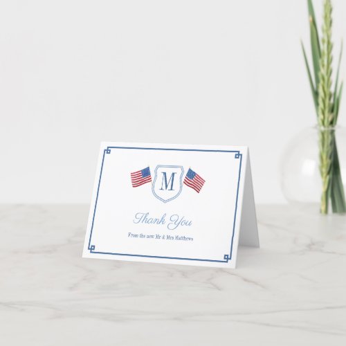 Elegant Red White And Blue Monogram Crest Thank You Card