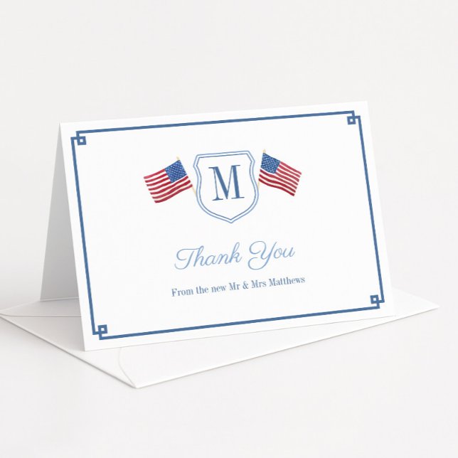 Elegant Red White And Blue Monogram Crest Thank You Card (Patriotic red white and blue thank you card design with a monogram crest featuring the American flag)