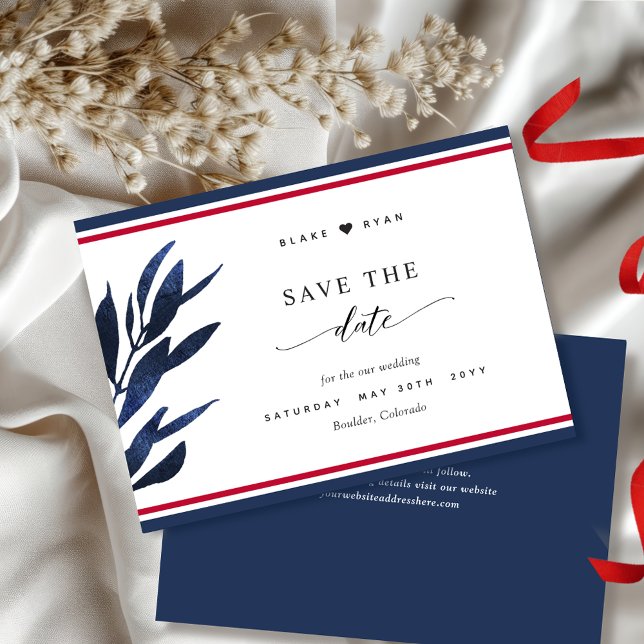 Elegant Red, White and Blue Stripes, Leaf Wedding Save The Date (Creator Uploaded)