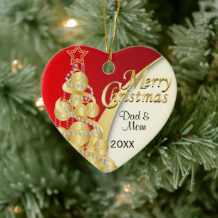 Elegant Red, White and Gold Christmas Photo Ceramic Ornament