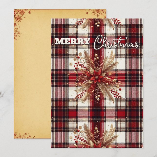 Elegant Red, white and Gold Festive Plaid  Holiday Card (Front/Back)