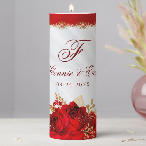 Elegant Red White and Gold Floral Monogram Wedding Pillar Candle