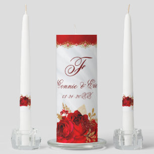 Elegant Red White and Gold Floral Monogram Wedding Unity Candle Set