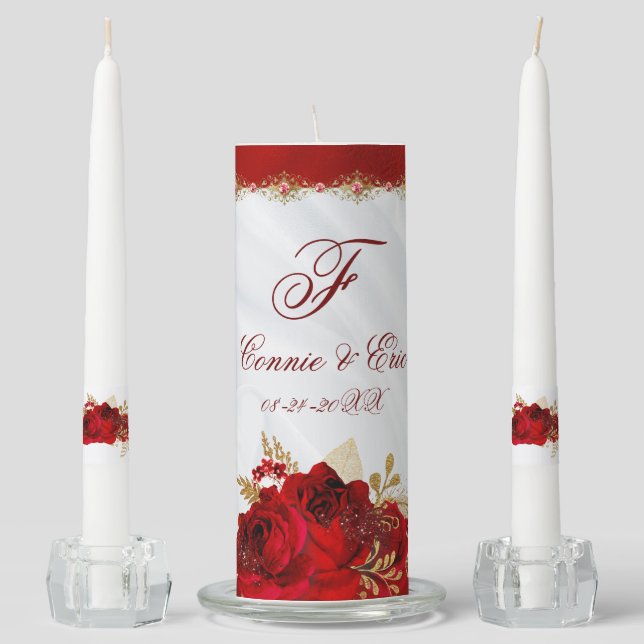 Elegant Red White and Gold Floral Monogram Wedding Unity Candle Set (Front)