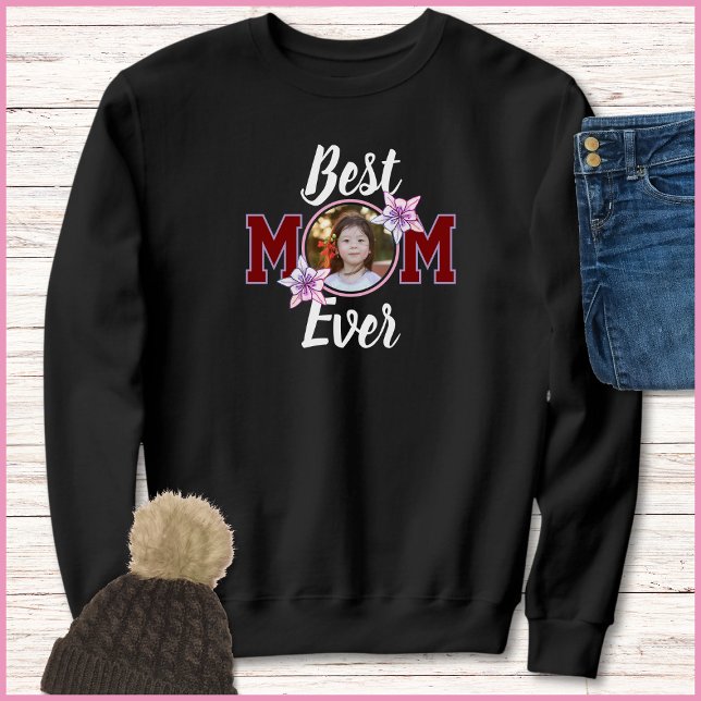 Elegant Red & White Best Mom Ever 1 Photo Sweatshirt (Creator Uploaded)