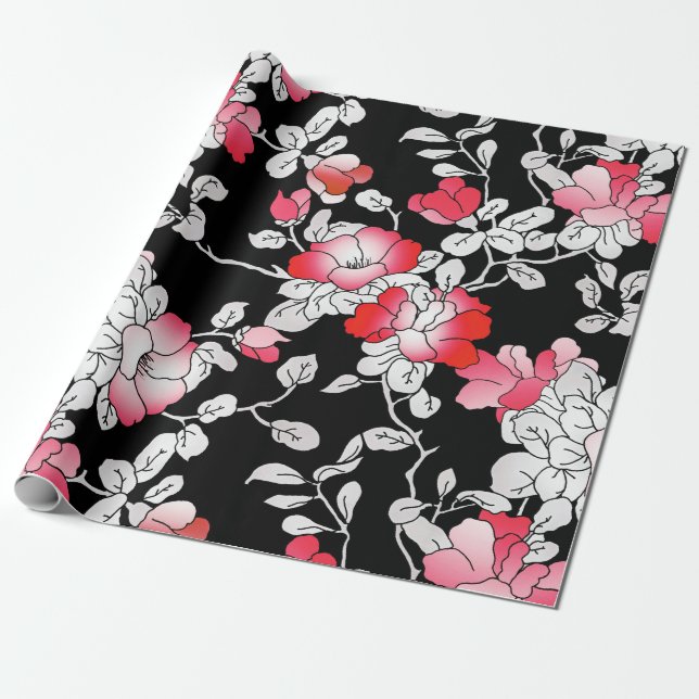 Elegant Red White Black Floral Decoupage Wrapping Paper (Unrolled)