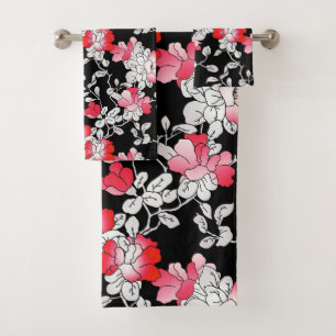 Elegant Red White Black Floral Pattern Bath Towel Set
