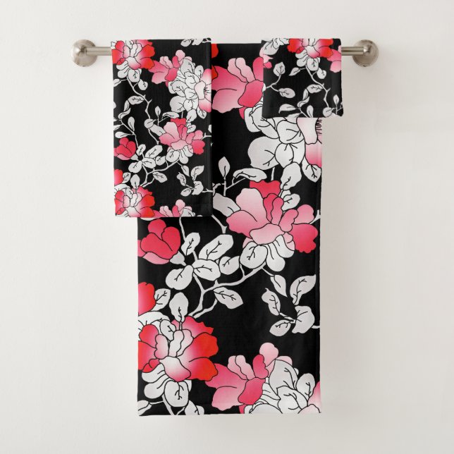 Elegant Red White Black Floral Pattern Bath Towel Set (Insitu)
